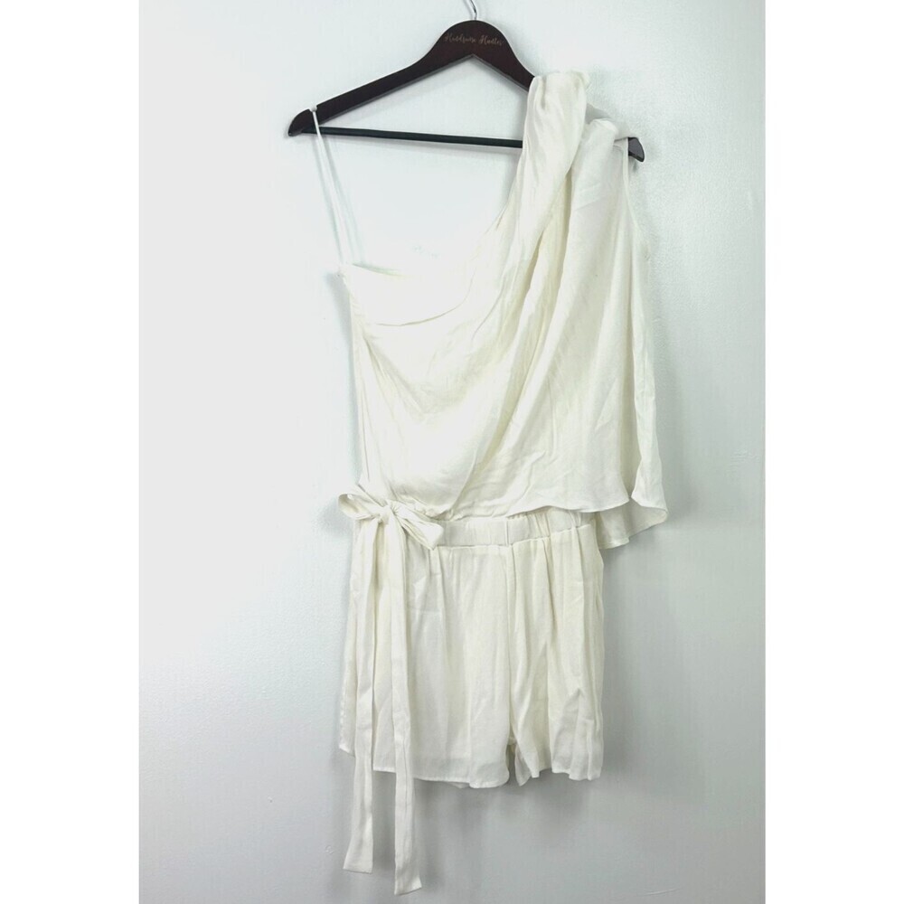 New Skylar + Madison Women Romper White Lined One Shoulder Tie Waist Sz L 1232H2